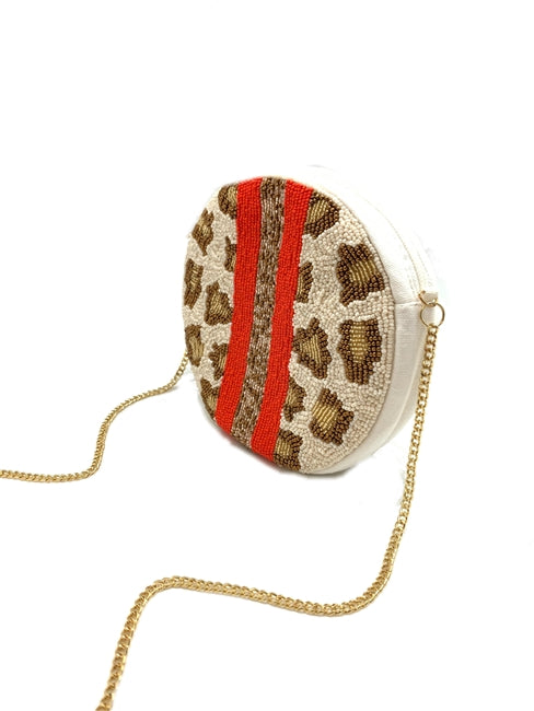 LEOPARD RED STRIPE ROUND BEADED BAG
