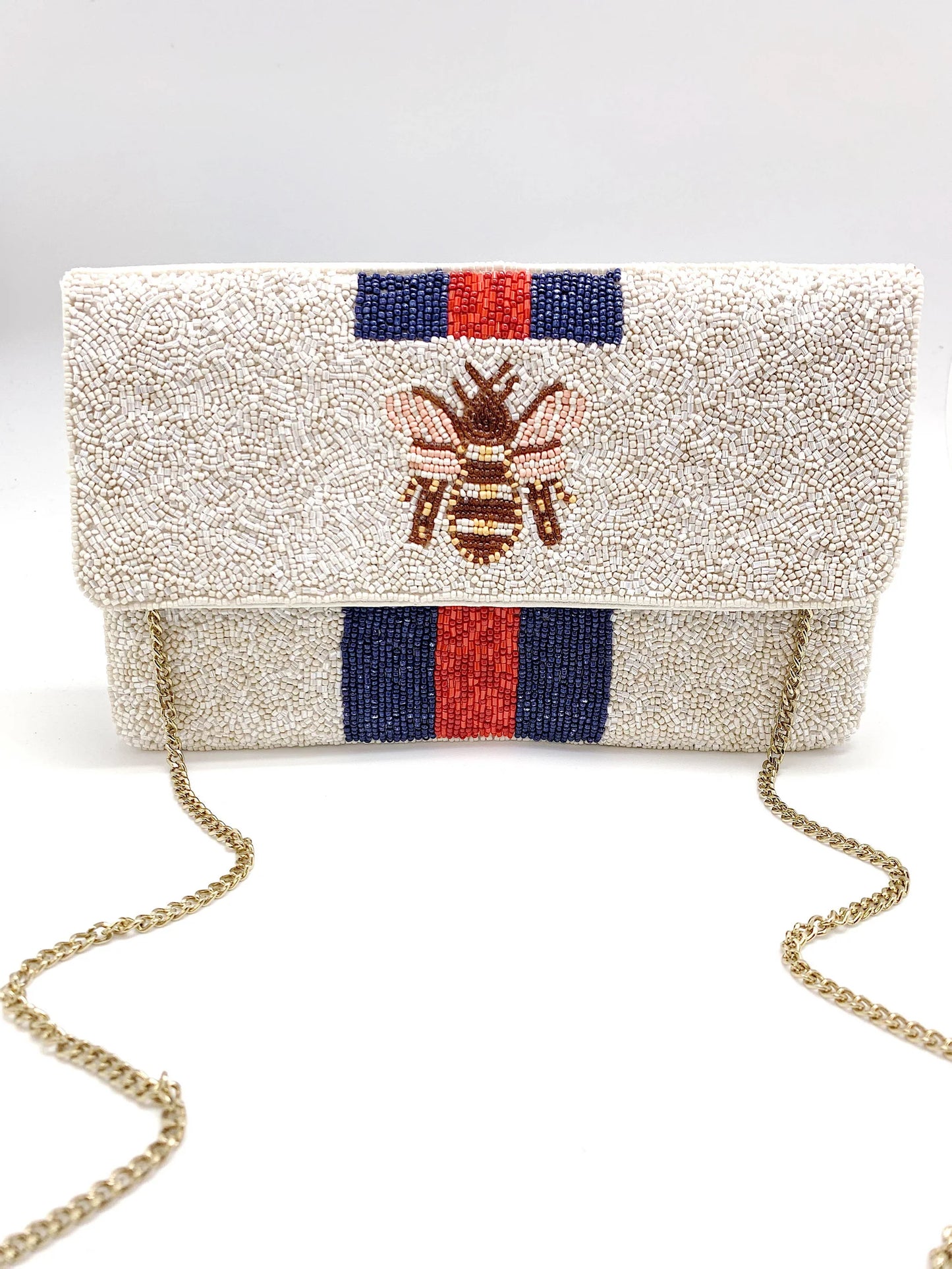 NAVY STRIPED BEE BEADED CLUTCH