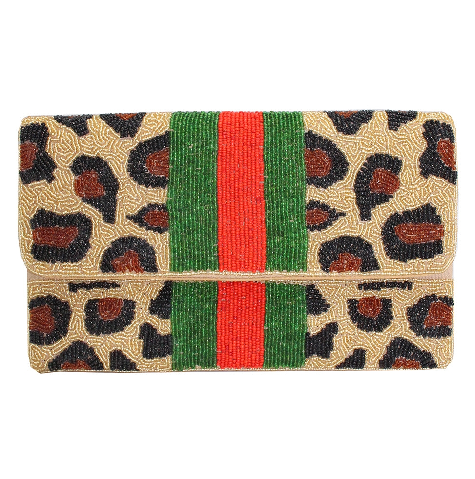 LEOPARD STRIPE BEADED CLUTCH