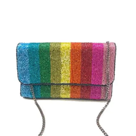 RAINBOW STRIPED MINI BEADED CLUTCH