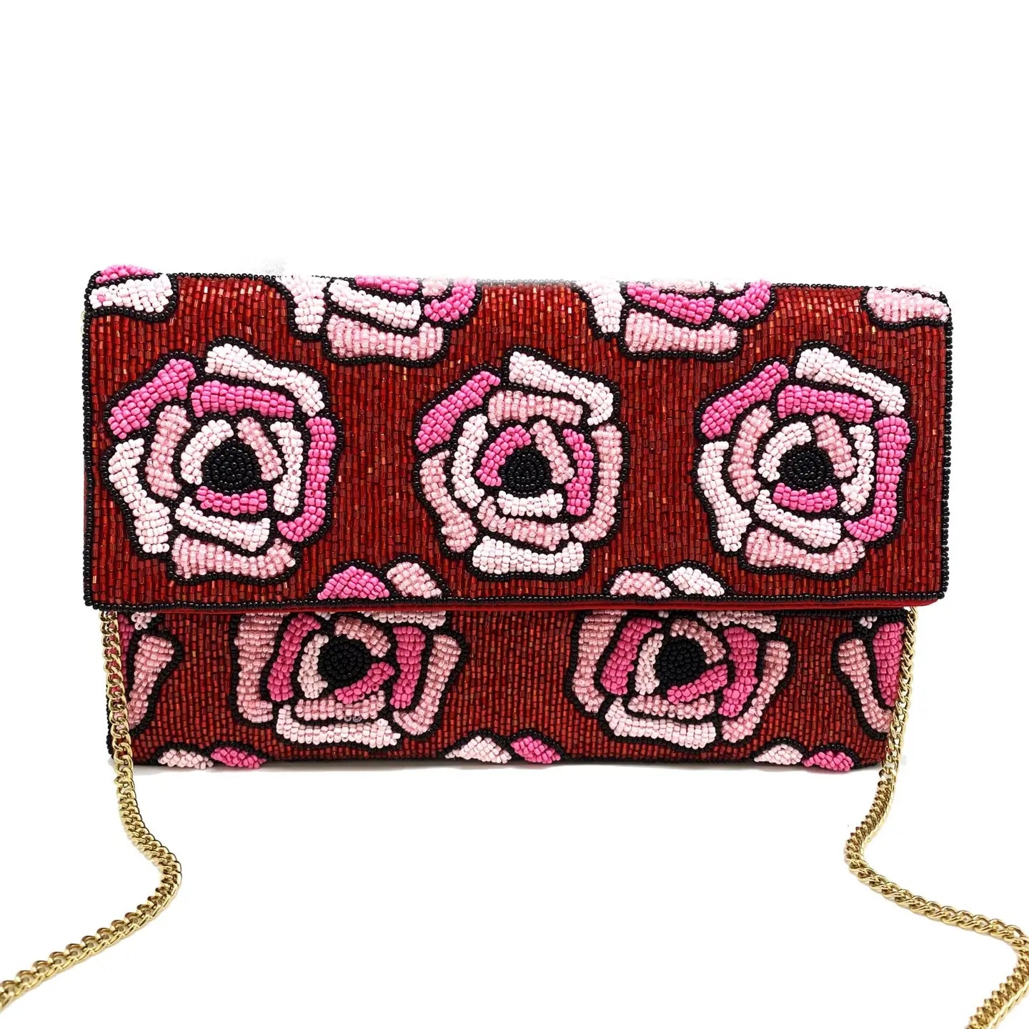 RED BEADED CLUTCH WITH PINK ROSES