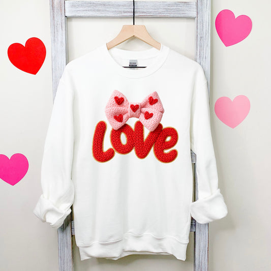 FAUX YARN CROCHET LOVE WITH BOW SWEATSHIRT