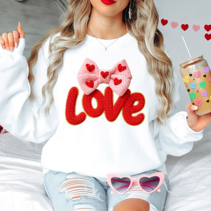 FAUX YARN CROCHET LOVE WITH BOW SWEATSHIRT