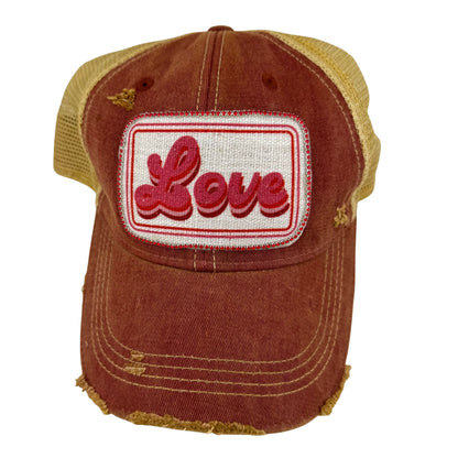 RHINESTONE TRIM LOVE PATCH TRUCKER HAT