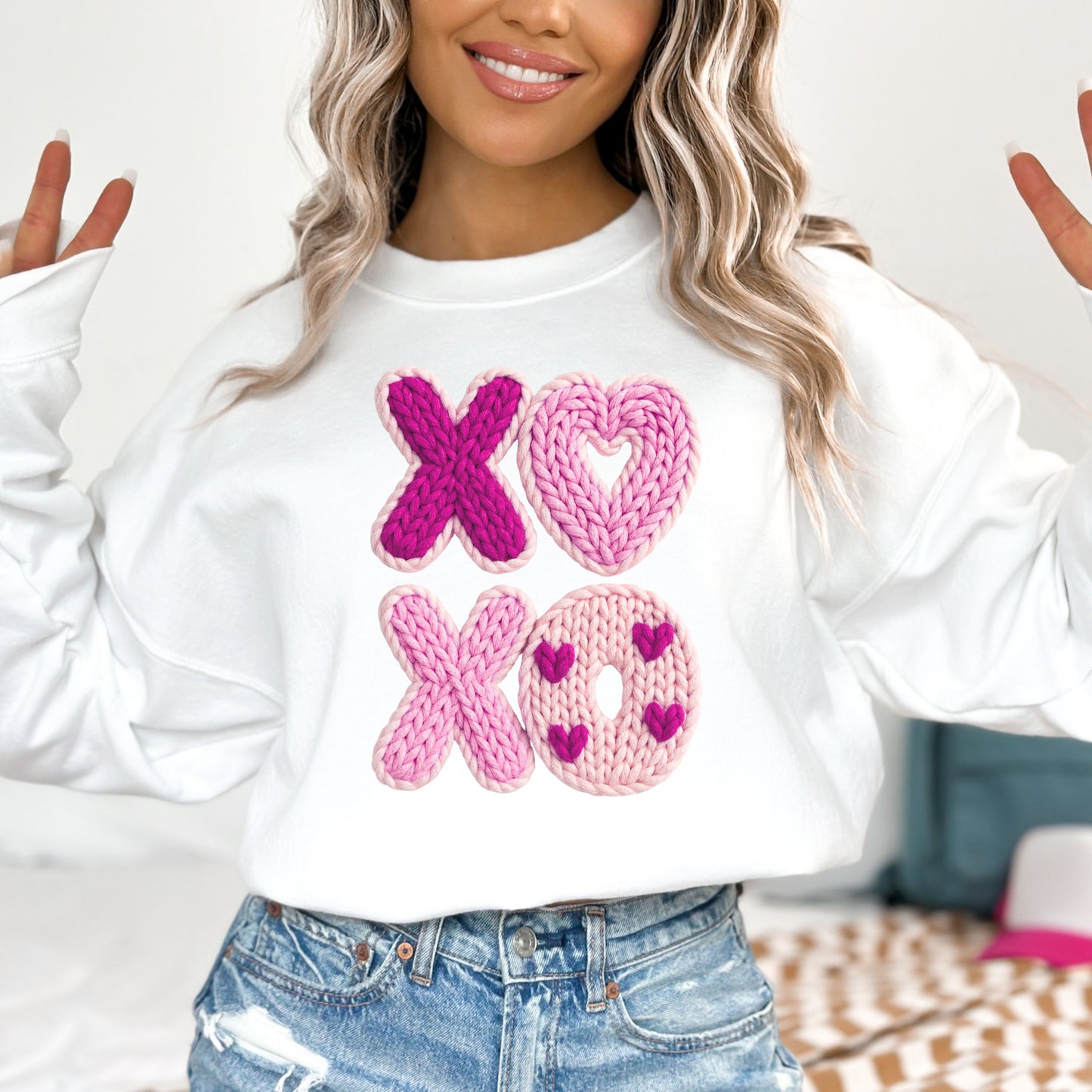 FAUX YARN CROCHET XOXO SWEATSHIRT