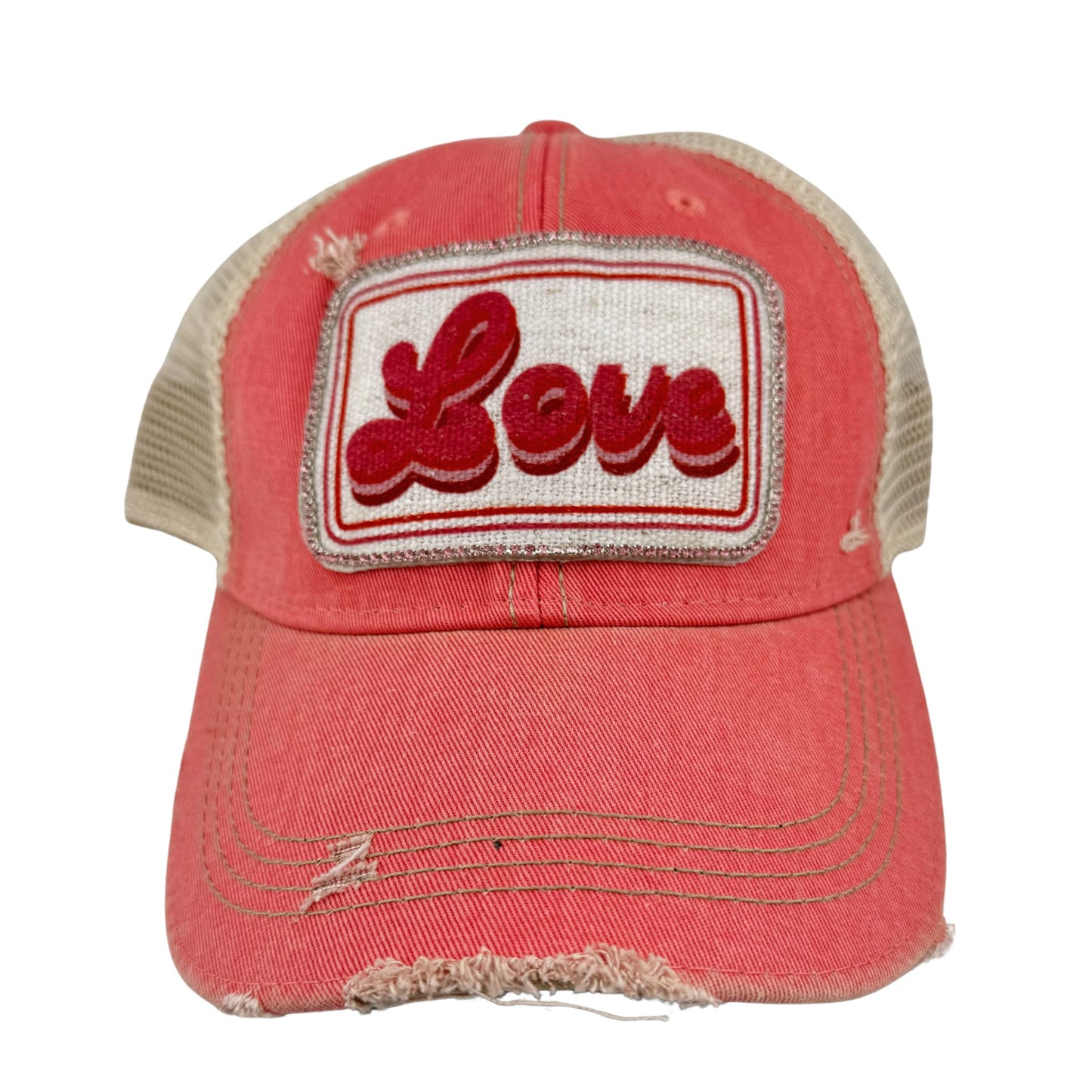 RHINESTONE TRIM LOVE PATCH TRUCKER HAT