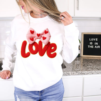 FAUX YARN CROCHET LOVE WITH BOW SWEATSHIRT