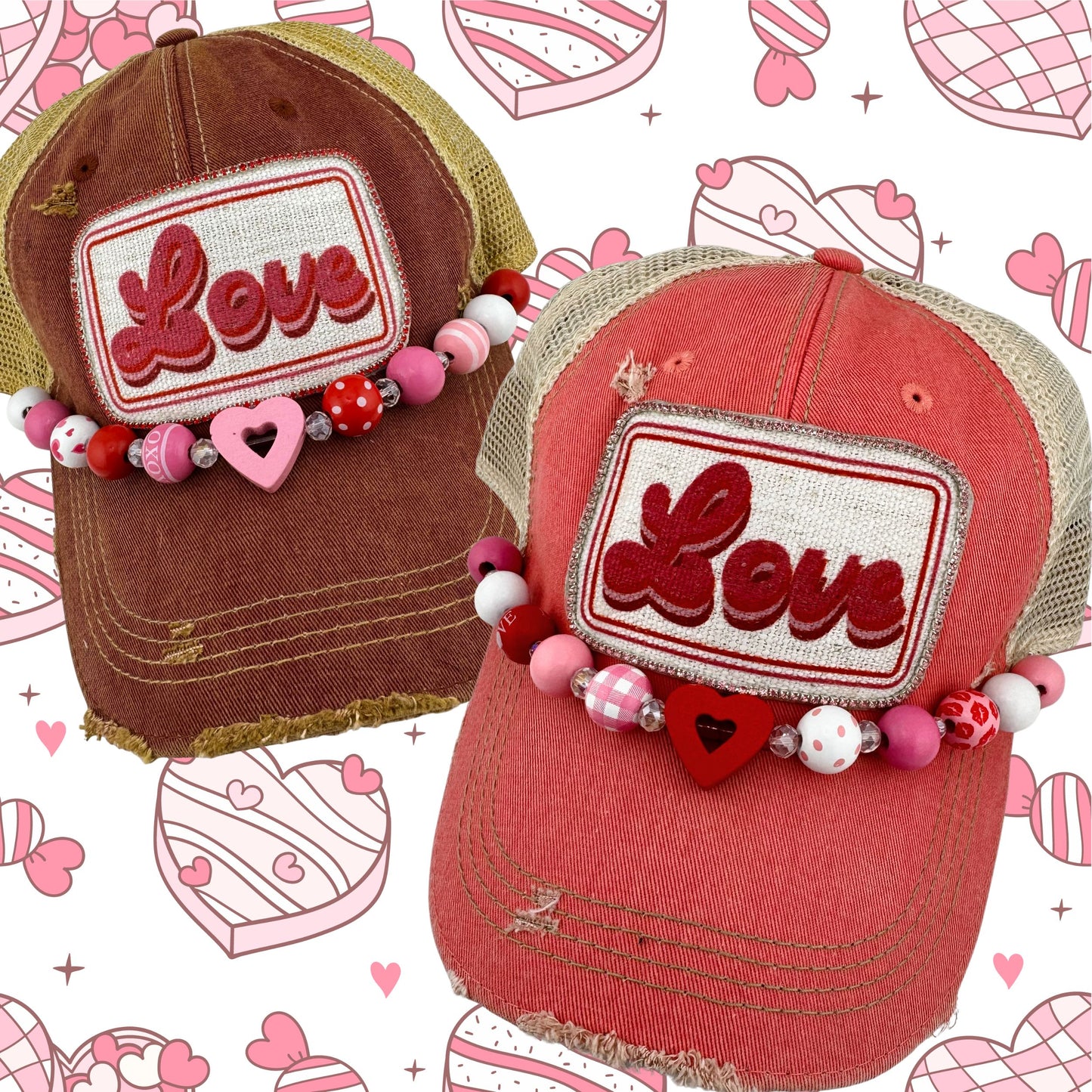 RHINESTONE TRIM LOVE PATCH TRUCKER HAT