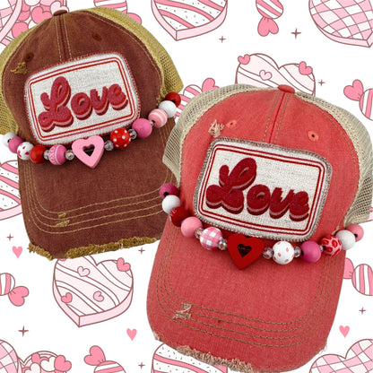 RHINESTONE TRIM LOVE PATCH TRUCKER HAT
