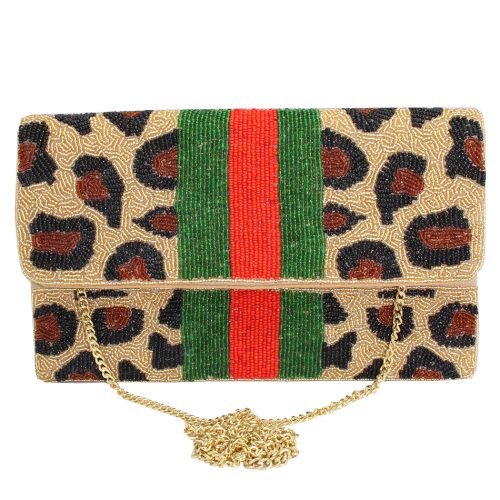 LEOPARD STRIPE BEADED CLUTCH