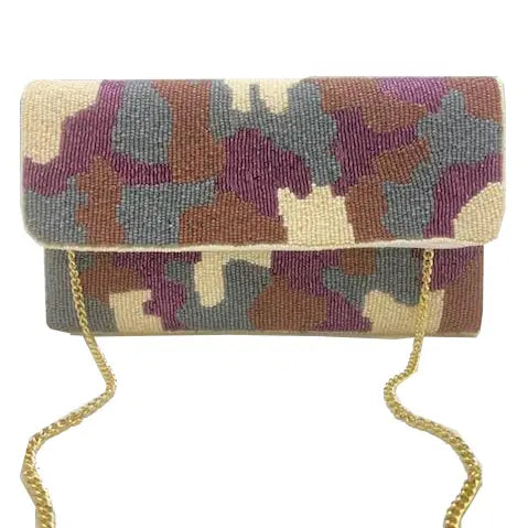 BURGUNDY CAMO BEADED CLUTCH